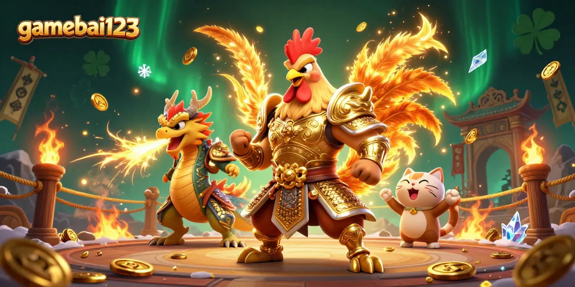 gamebai123 features a dynamic scene with a rooster warrior and dragon hatchling set in an ancient betting arena.