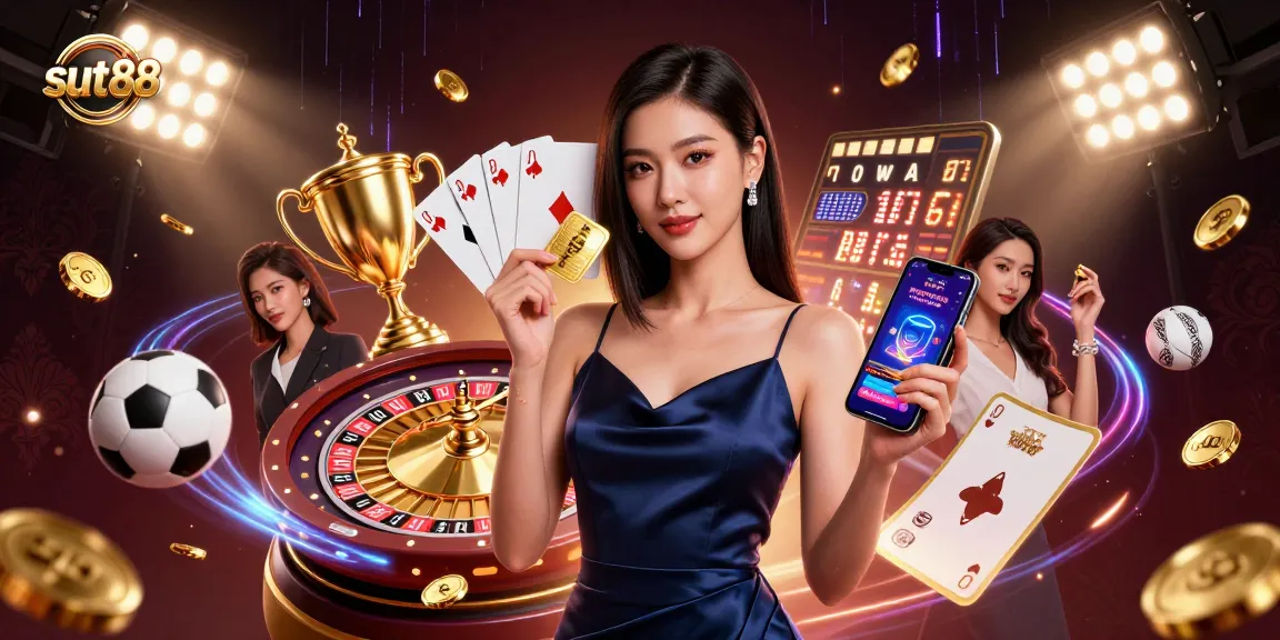 Sut88 elevates your game with a confident woman promoting a casino app and golden chip.