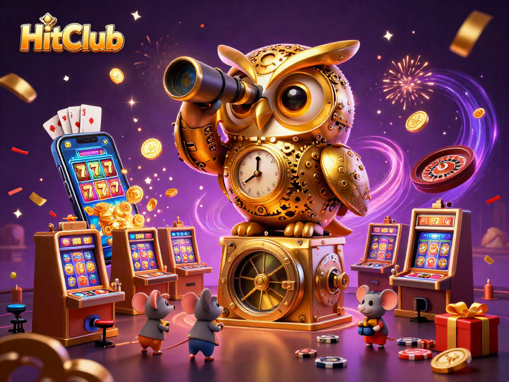 Experience the excitement of HitClub with whimsical characters amid colorful casino games and festive elements.