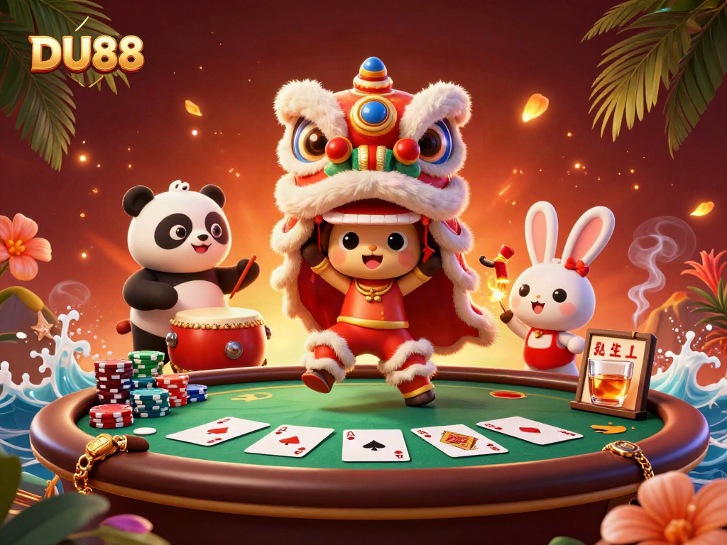 Victory in DU88 brings excitement with a festive lion dance and poker table elements.