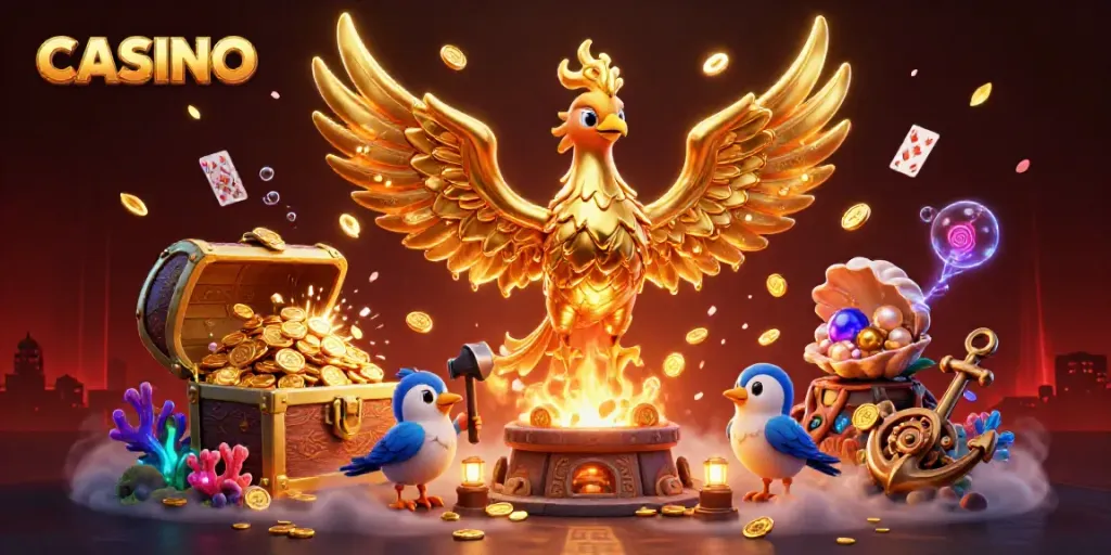 Experience electrifying moments at the CASINO with our animated golden phoenix and vibrant treasures.