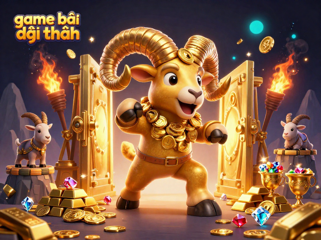 Engage in exciting game bài đổi thưởng with a charging golden ram surrounded by treasures and gems.