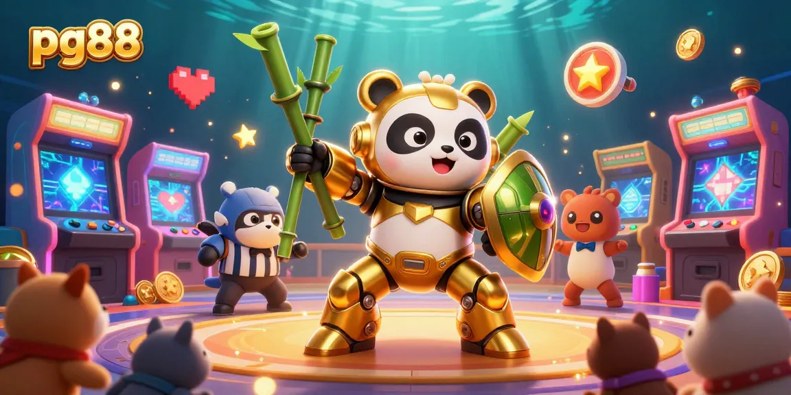 Engage in thrilling gaming action with pg88 featuring a mech-suit panda in a vibrant casino-themed arena.