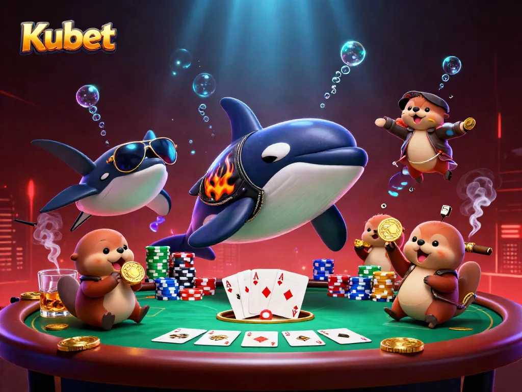 Kubet action scene with a whale, stingray, and otters enjoying a dynamic poker game.