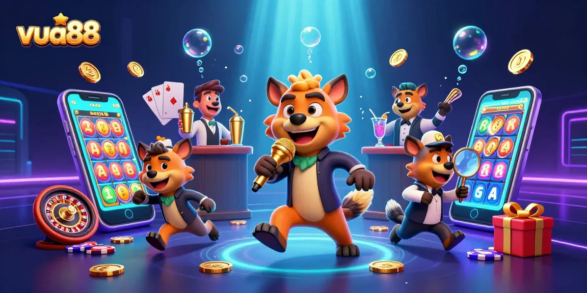 Engage with exciting gaming at vua88 while hyenas share laughs at a vibrant online casino.