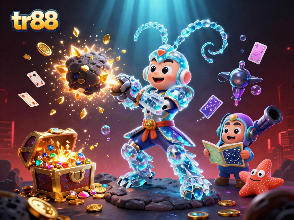 tr88 showcases a dynamic scene with a galactic samurai mantis shrimp and treasure explosions