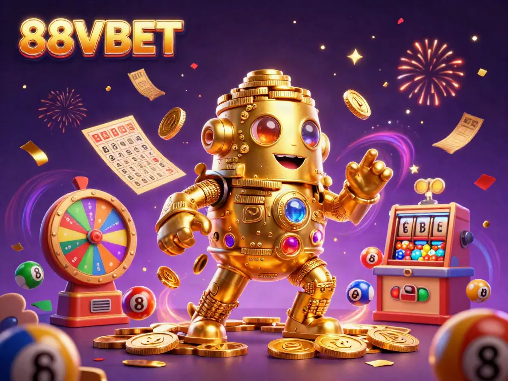 Experience thrilling gameplay at 88VBET with dynamic lottery elements and a golden golem mascot.