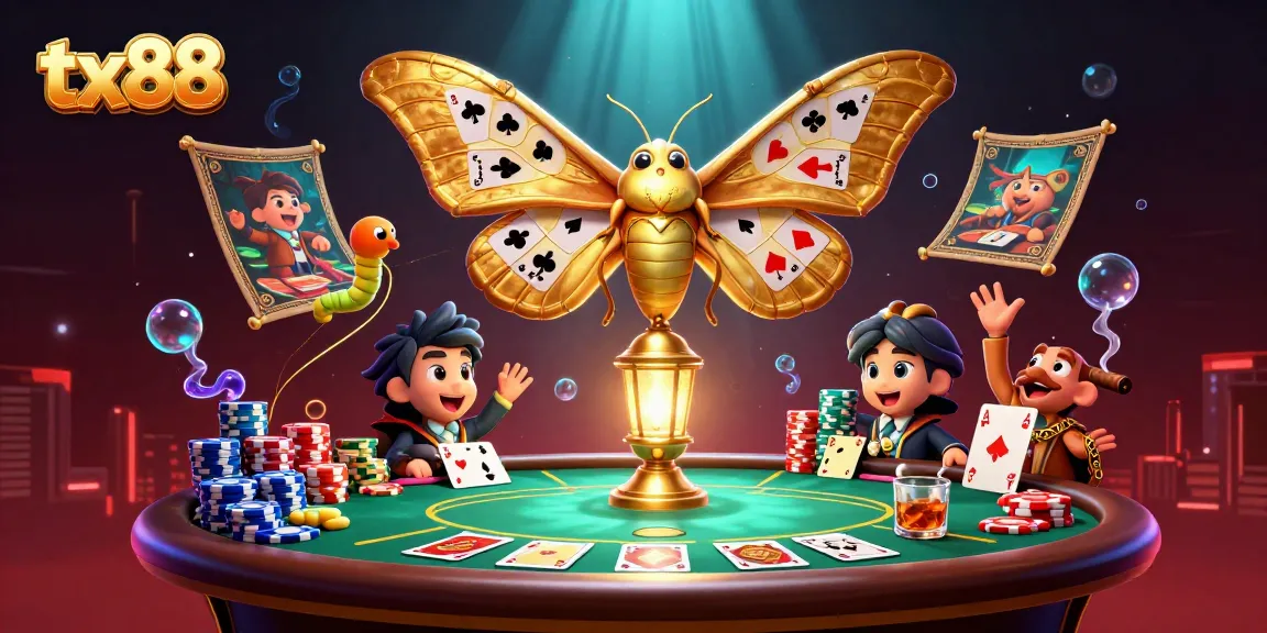 Engage with the tx88 casino atmosphere featuring vibrant poker elements and a stunning 3D moth design.