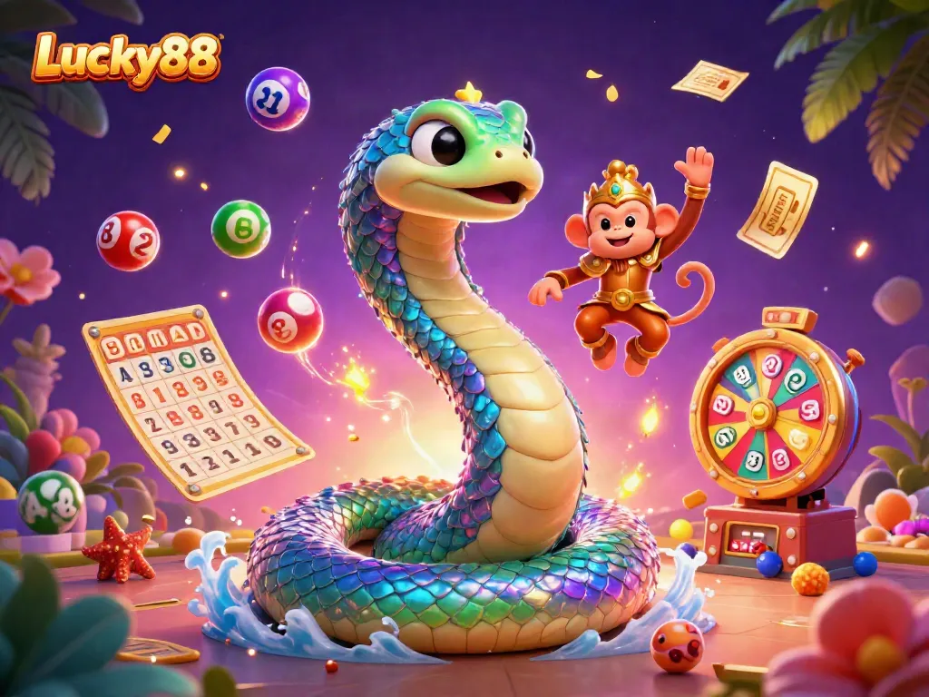 Engage with Lucky88: Experience a vibrant casino world filled with colorful lottery elements and magical creatures.