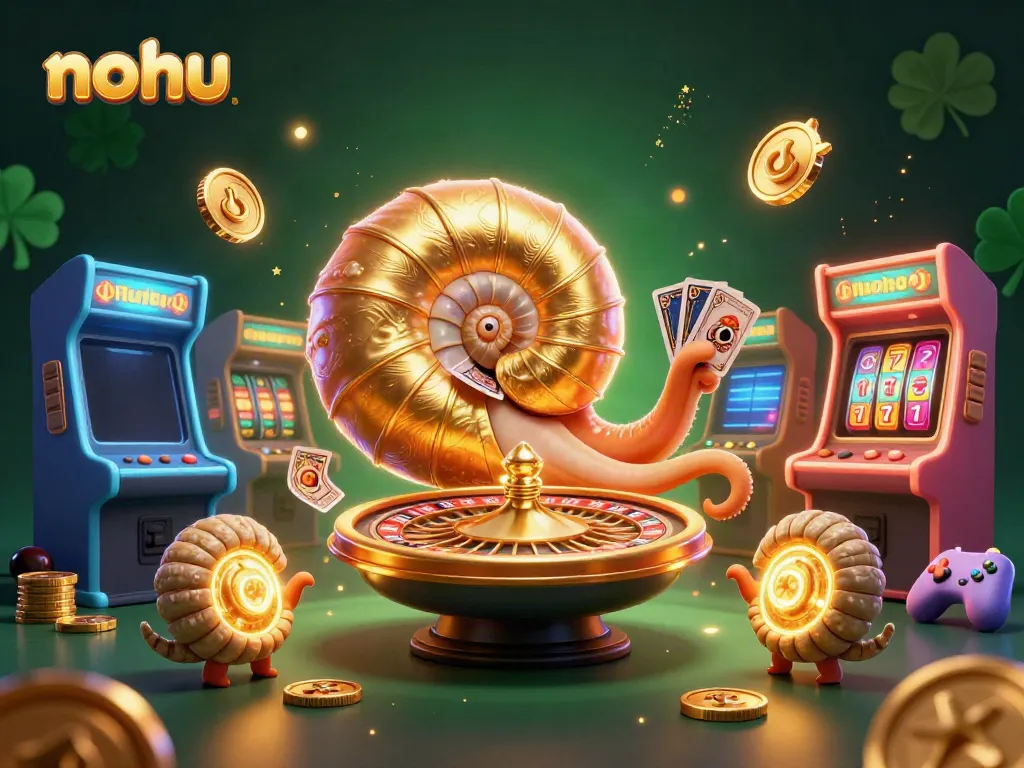 Nohu presents an exhilarating scene with a giant nautilus roulette wheel and glowing ammonites, filled with jackpot excitement.