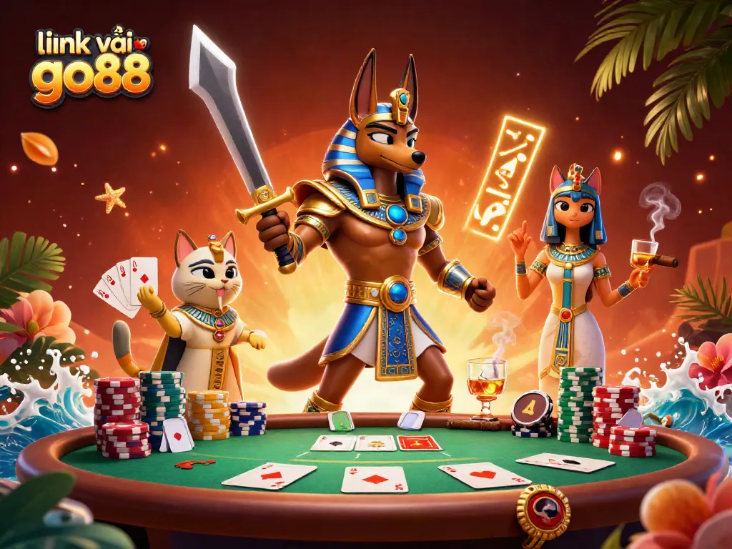 Experience excitement with link vào go88, starring Anubis and Bastet at a colorful poker table, showcasing gambling thrills.