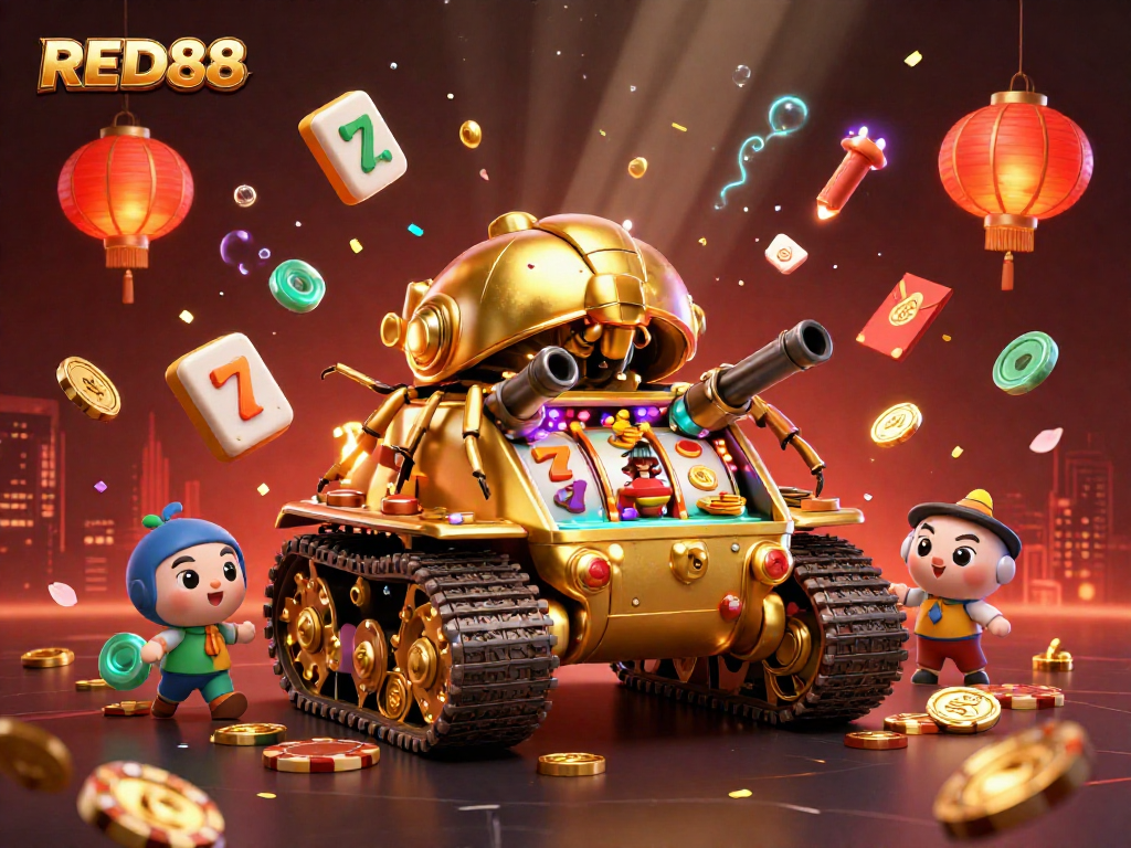 Experience winning moments at RED88 with a vibrant 3D casino illustration showcasing dynamic gaming elements.