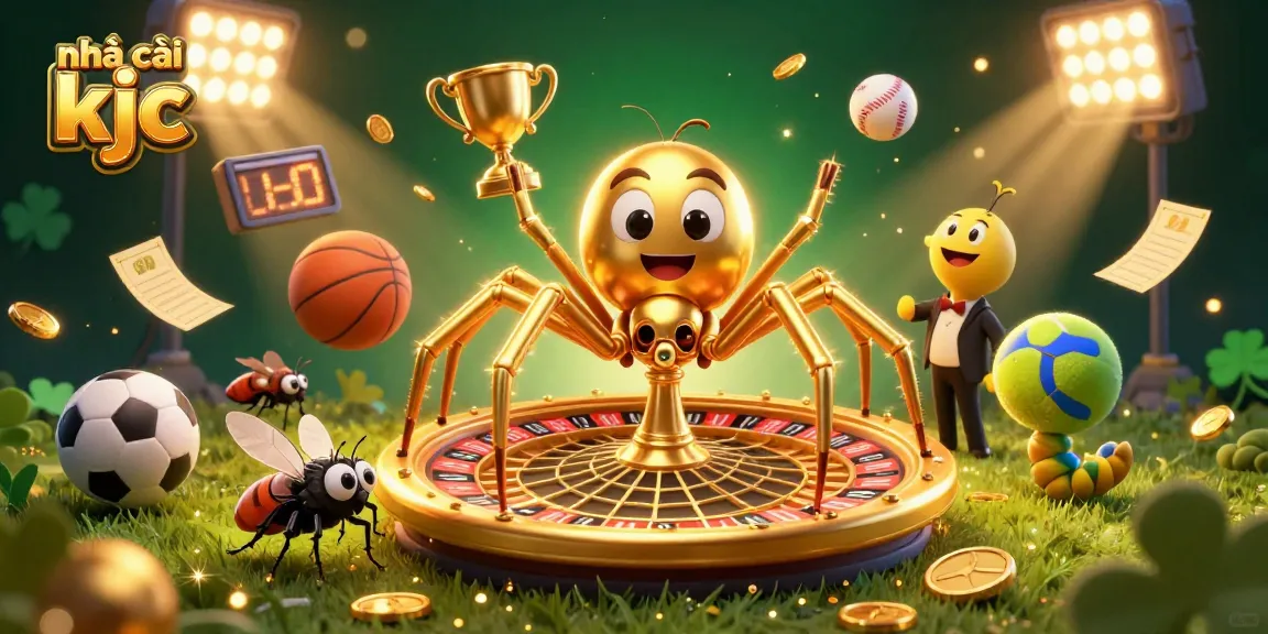 Engage with the dynamic sportsbook adventure at nhà cái kjc, featuring vibrant casino elements and a golden spider.