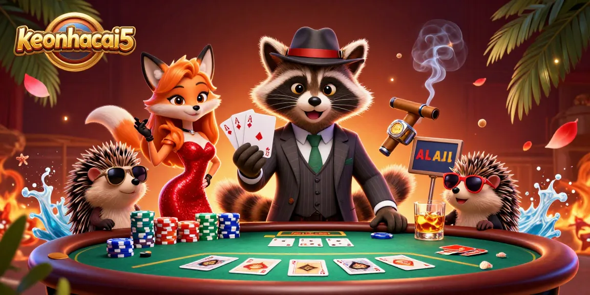 Engage with keonhacai5 in a lively poker scene featuring a raccoon in a suit winning a royal flush.