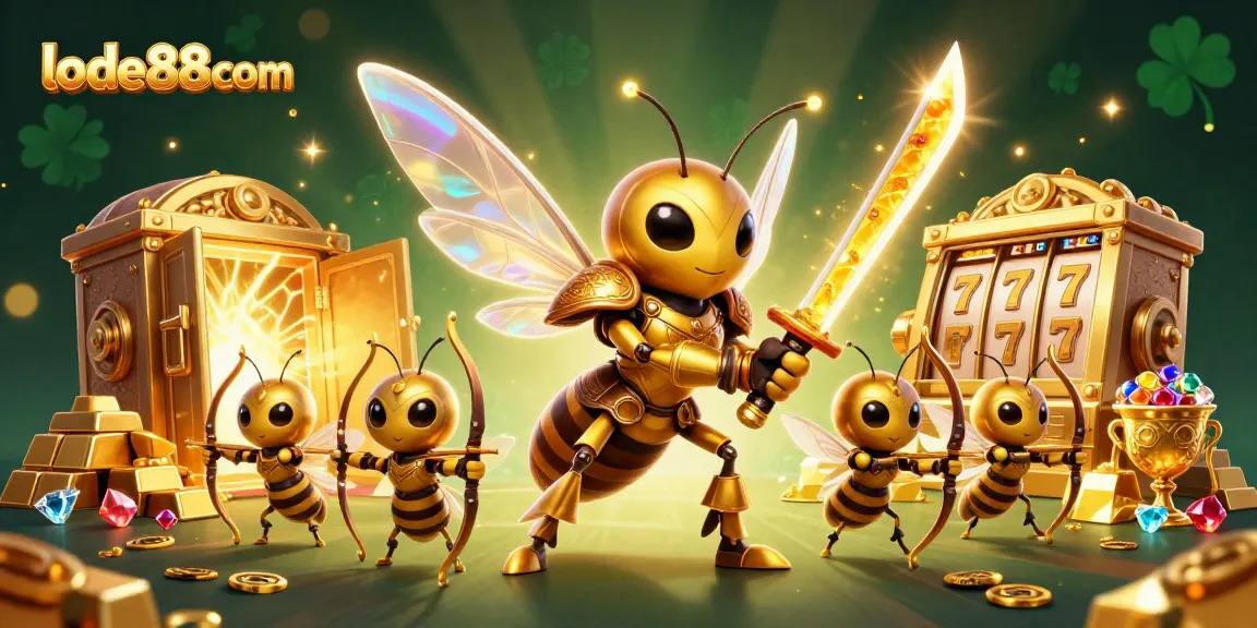 Win big with lode88com in a dynamic 3D casino scene featuring a golden hornet and treasures.