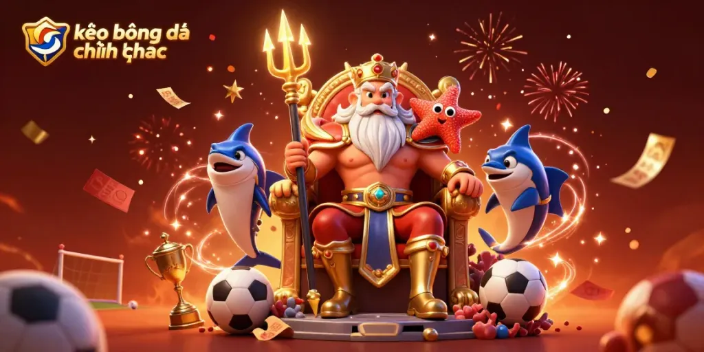 Engage in exhilarating sports betting with soi kèo bóng đá chính xác featuring Neptune and a swordfish samurai in a vibrant scene
