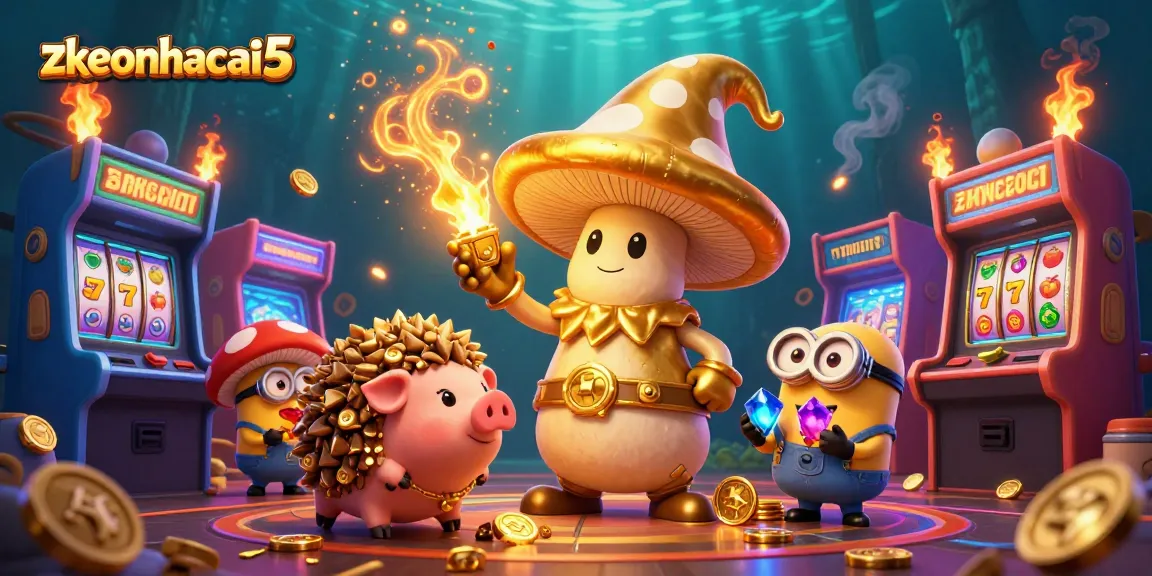 Experience thrilling gaming with zkeonhacai5's golden mushroom wizard in a lively casino scene.