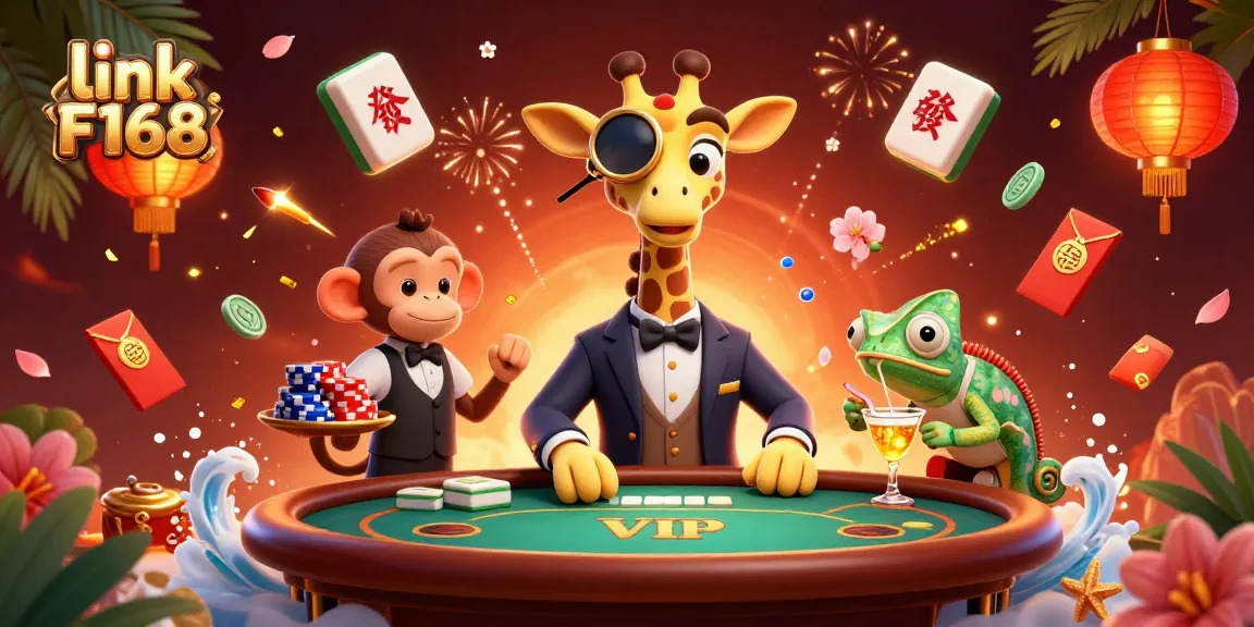 Experience thrilling adventures at the casino with link F168, featuring a vibrant, cartoon-filled 3D scene of gambling.