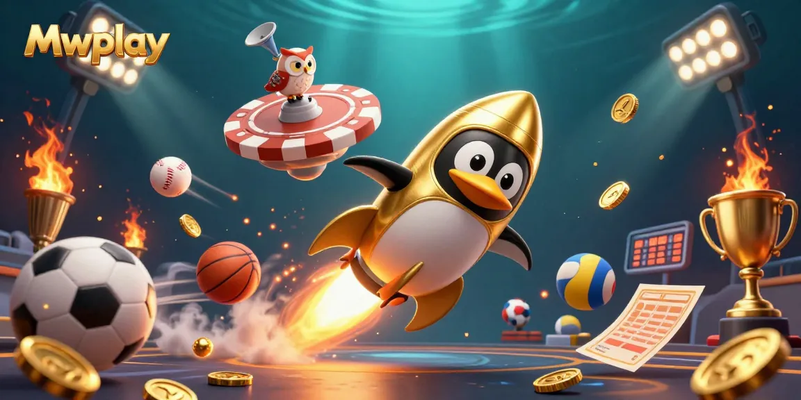 Experience the excitement of Mwplay with a vibrant 3D casino scene featuring a dynamic penguin and casino elements.