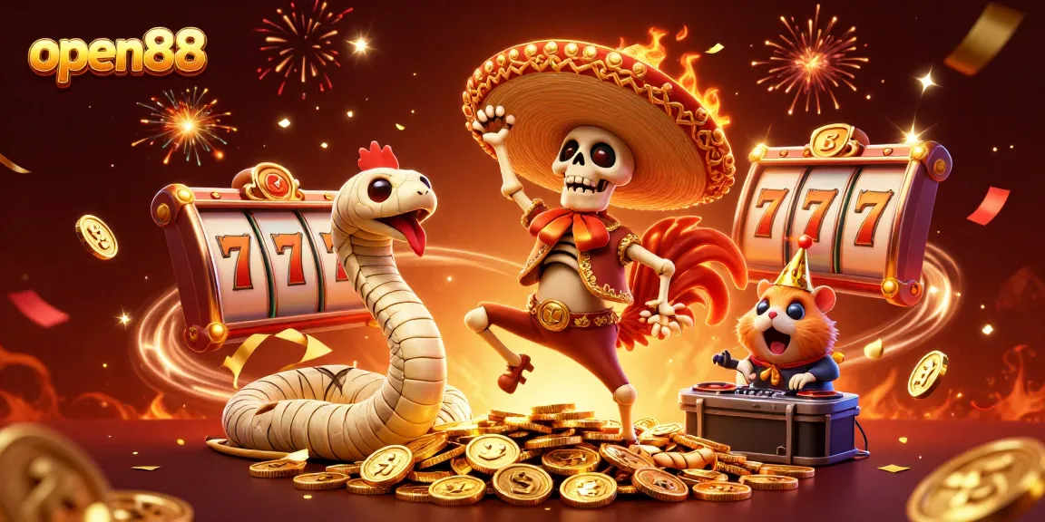 Experience thrilling wins at open88 with vibrant characters celebrating on golden coins and jackpot sentiment.