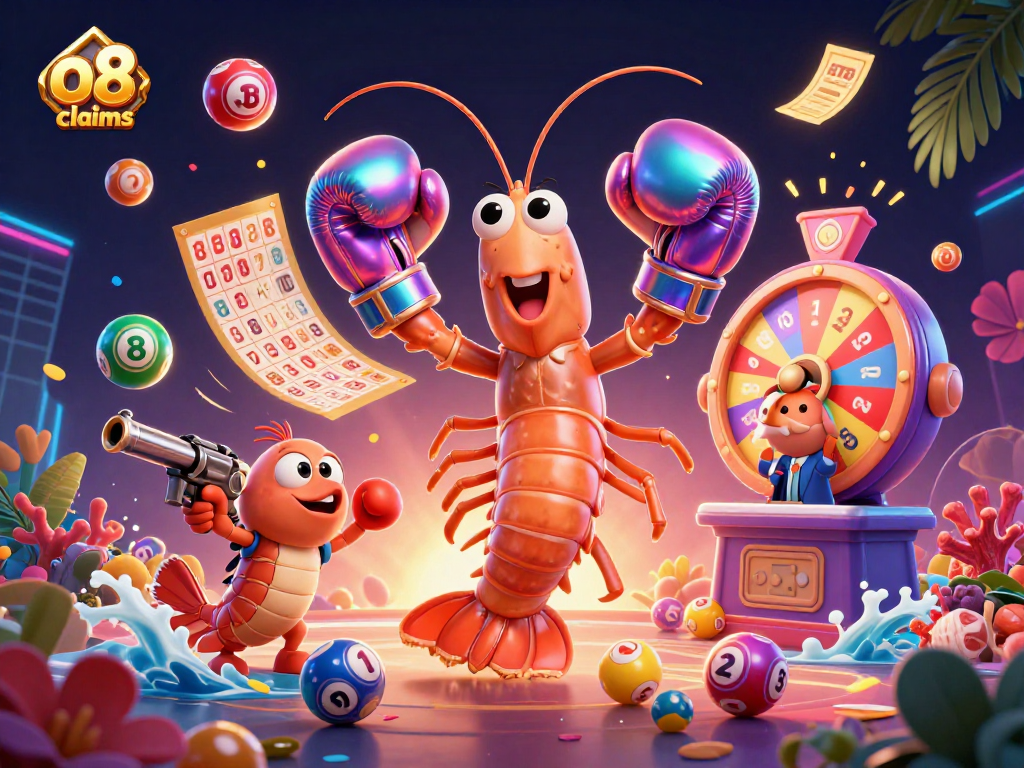 Experience thrilling gameplay at o8 claims with vibrant lottery balls, golden prizes, and dynamic seafood mascots.