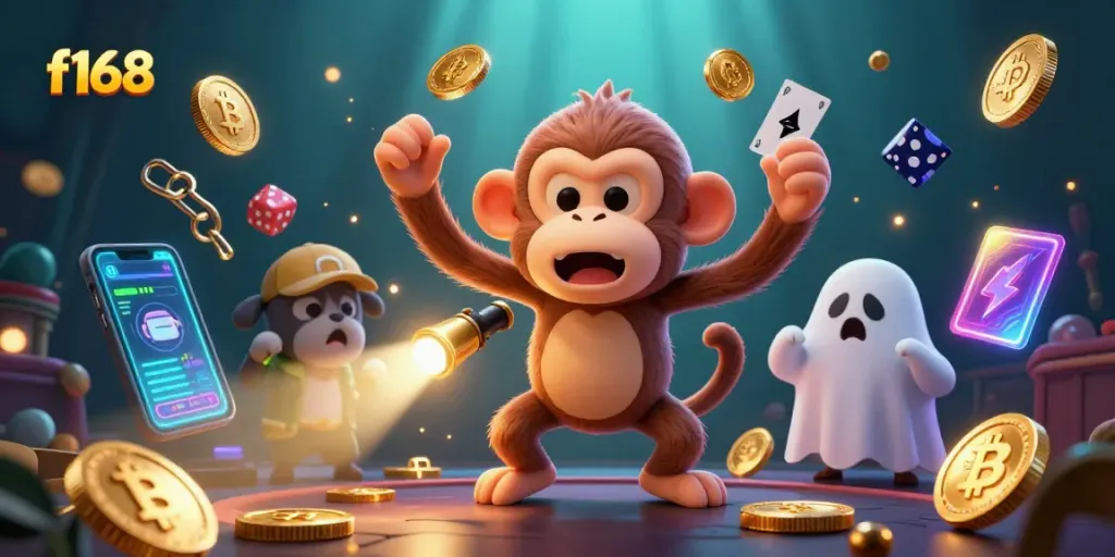 Engage with f168's dynamic haunted casino scene featuring juggling treasures and a thrilling chase.