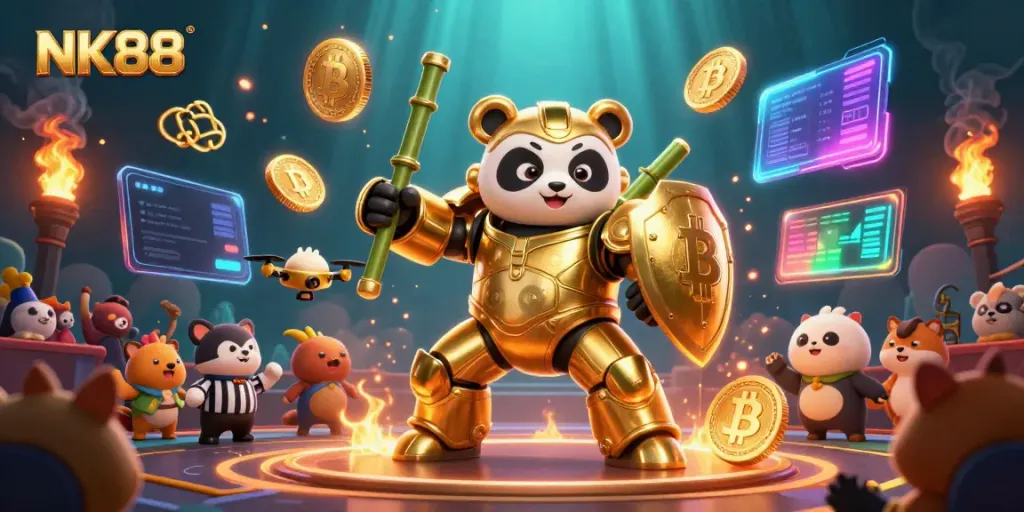 Engage with NK88's mesmerizing 3D casino-themed illustration showcasing a golden panda in a robot arena.