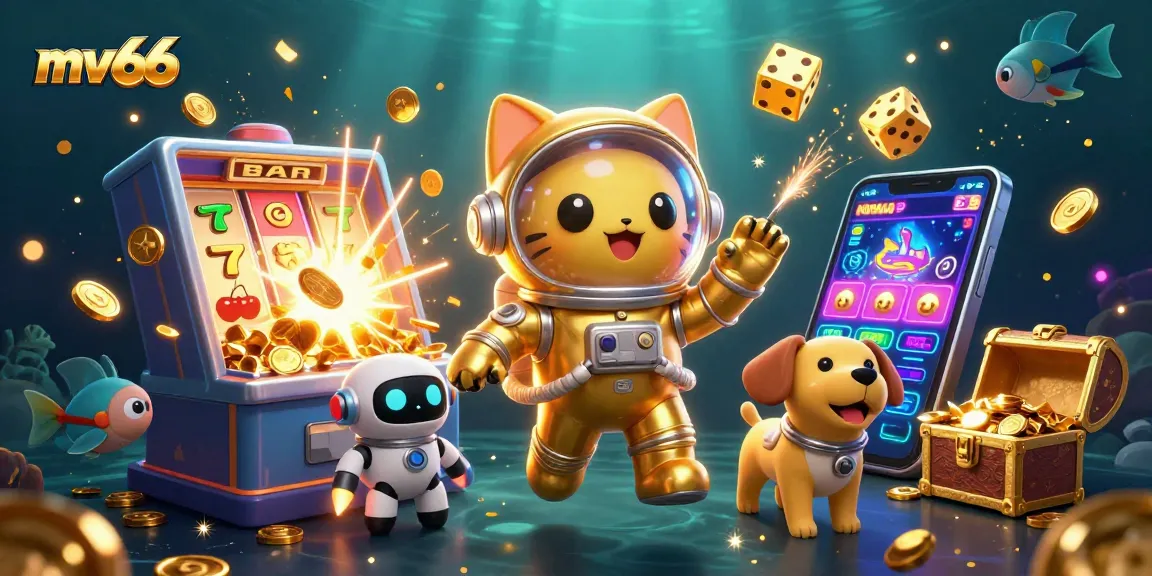 Join the mv66 adventure with a striking casino-themed illustration featuring a playful astronaut cat and robot dog!