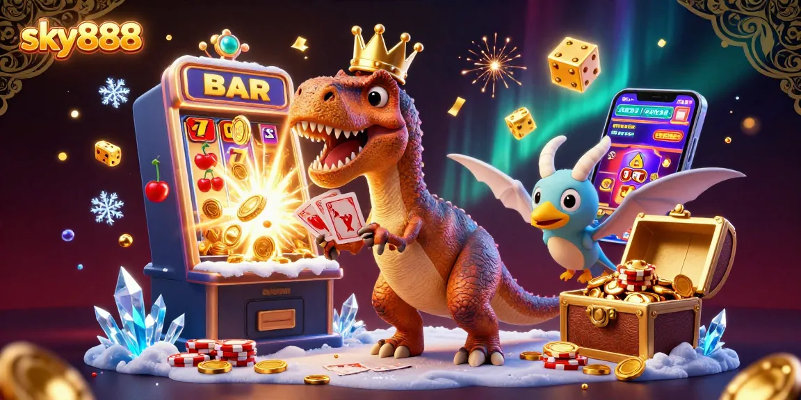 Engage with the action at sky888 with T-Rex shuffling cards while dinosaurs surround a jackpot explosion.