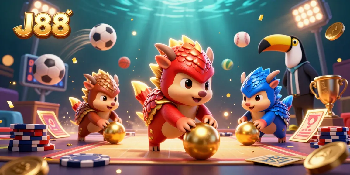 J88 offers thrilling online gambling with pangolins bowling through poker chips in a vibrant casino scene.