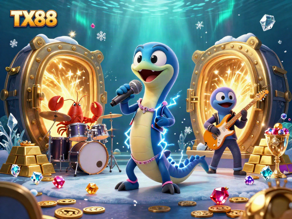 TX88 electrifying casino scene featuring an underwater performance, showcasing vibrant characters and treasures.