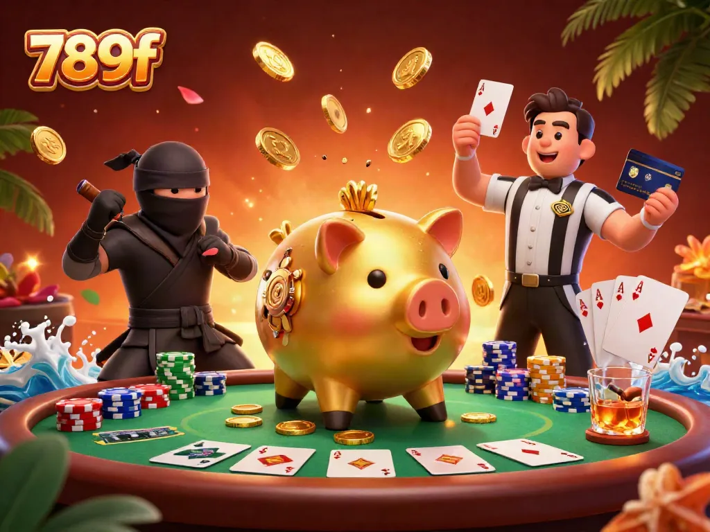 Engage with the dynamic action of 789f featuring a sumo wrestler piggy bank, poker chips, and vibrant casino elements.