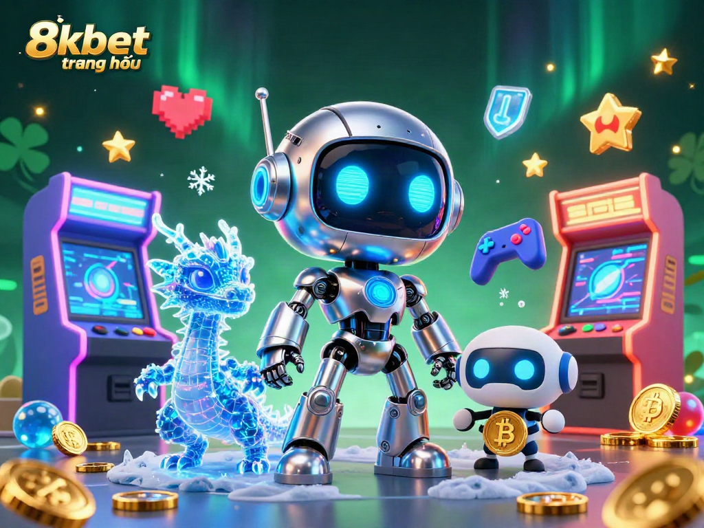 Enhance your experience at 8xbet trang chủ with this vibrant digital illustration showcasing a futuristic gambling setting.