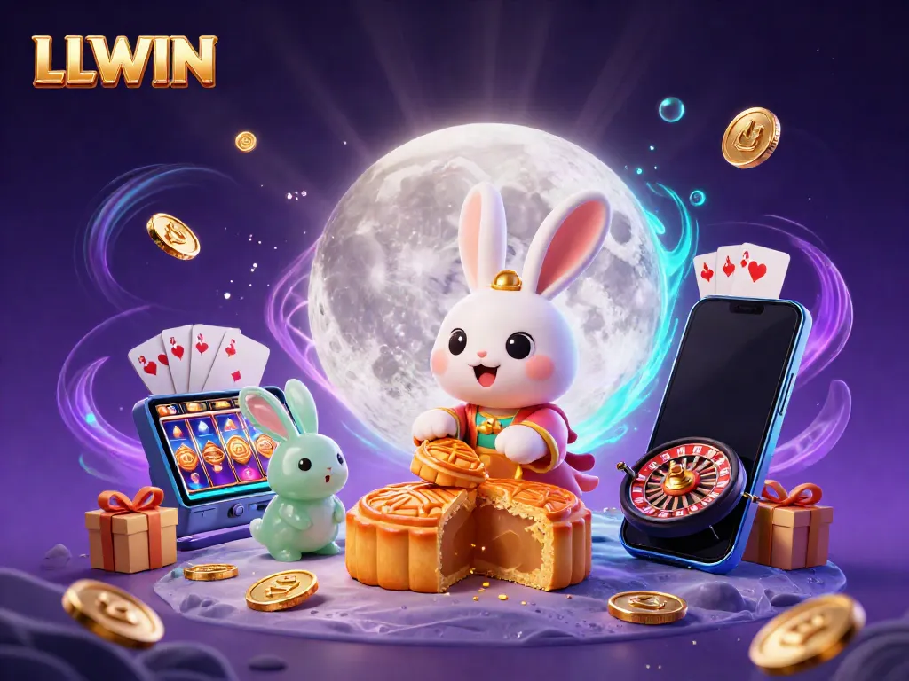 LLWIN promotes gambling strategies with poker chips and vibrant casino elements in a rich lunar scene.