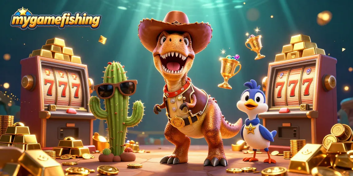 mygamefishing features a cartoon cowboy T-Rex and friends winning at slot machines