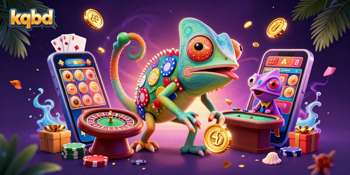 Engage with kqbd's vibrant gambling scene featuring a colorful chameleon casino owner amidst dynamic gaming elements.