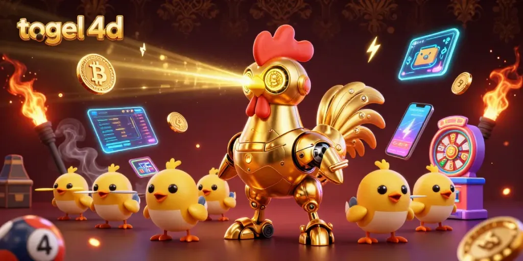 Engage in togel 4d excitement with a dynamic 3D lottery-themed illustration featuring a golden rooster robot.
