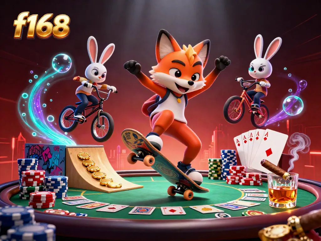 Engaging f168 illustration of a fox and rabbit character performing stunts over poker chips, capturing online casino excitement.