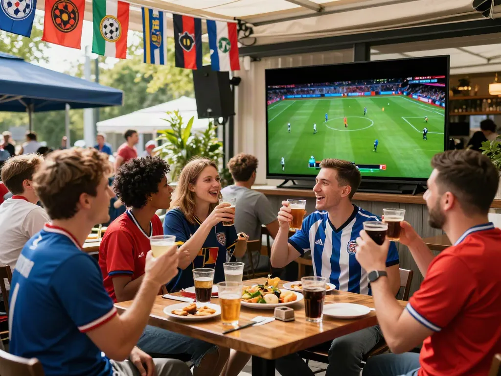 Fans enjoying live football at Gavangtv outdoor cafe event.