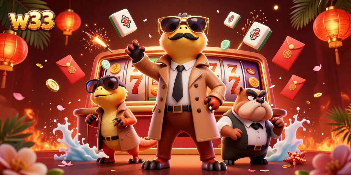 Experience w33 with playful raptors in a casino scene, spinning slots and festive decorations.