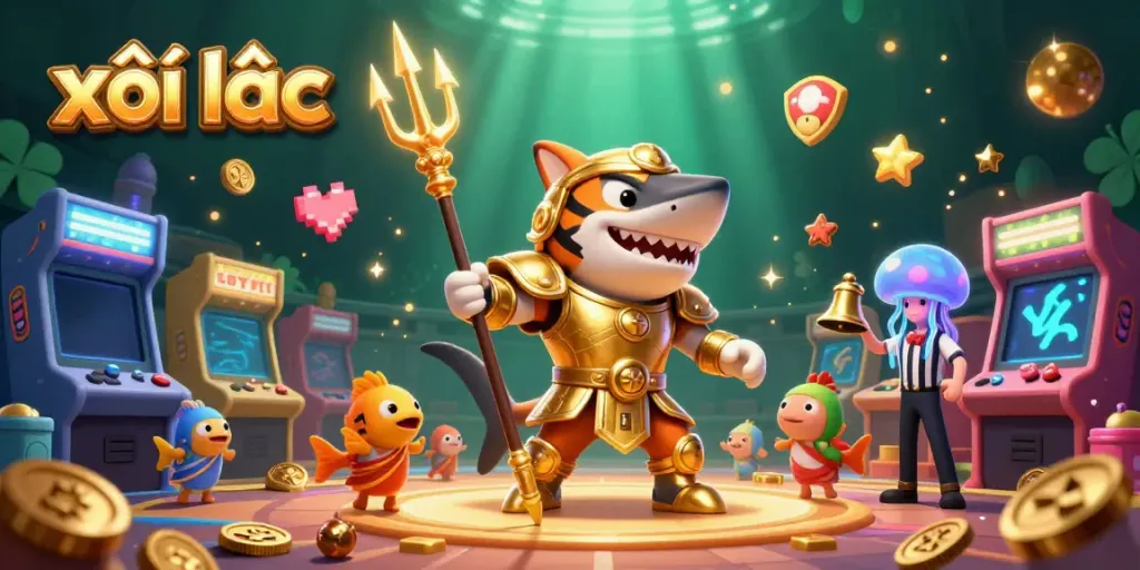 Engage with xôi lạc gaming scene featuring a tiger shark in golden armor amidst vibrant casino elements.