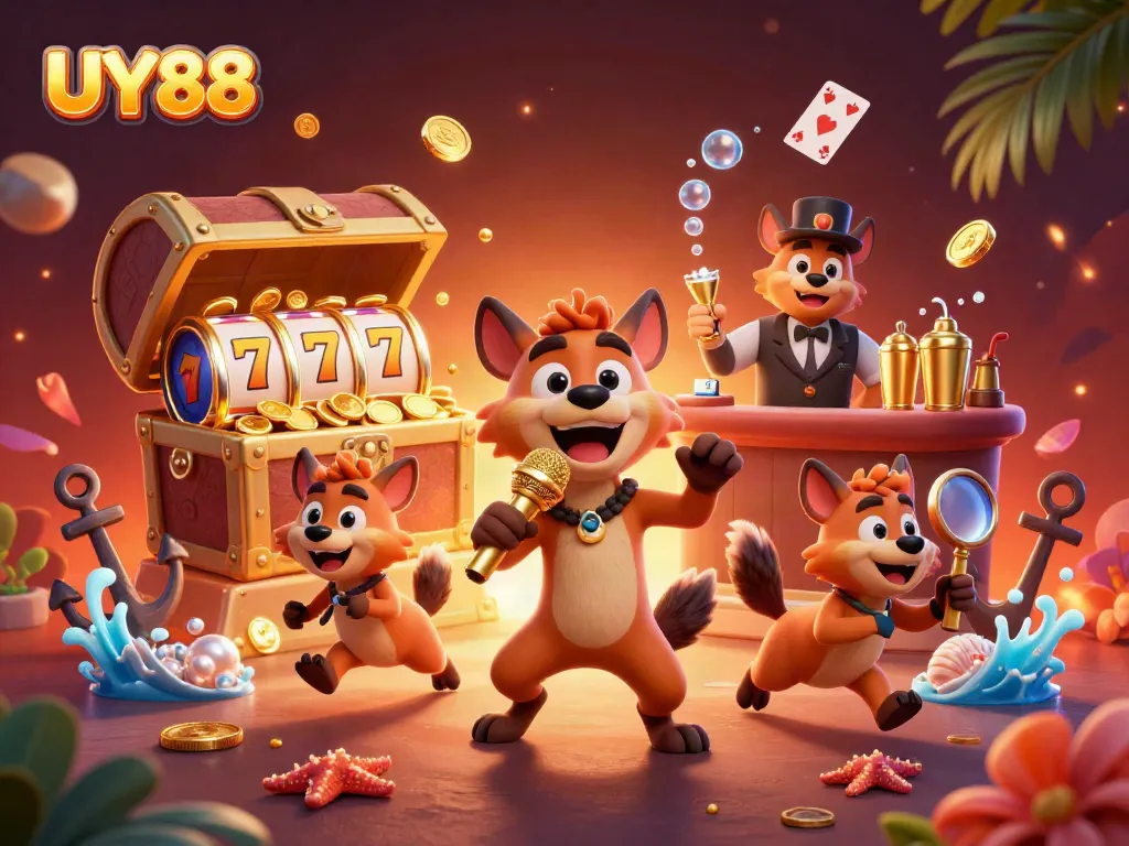 Experience UY88 in a vibrant casino scene with hyenas showcasing their talents in comedy, bartending, and security.
