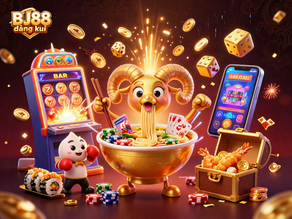 Experience excitement with BJ88 đăng ký, a vibrant 3D scene featuring cartoon characters and jackpot elements.