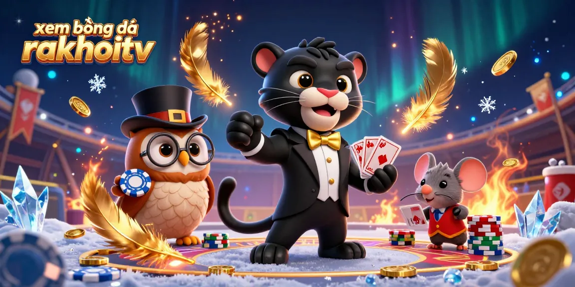 Xem bóng đá rakhoitv features a stylish black panther dealing cards in a dynamic gaming arena filled with excitement.