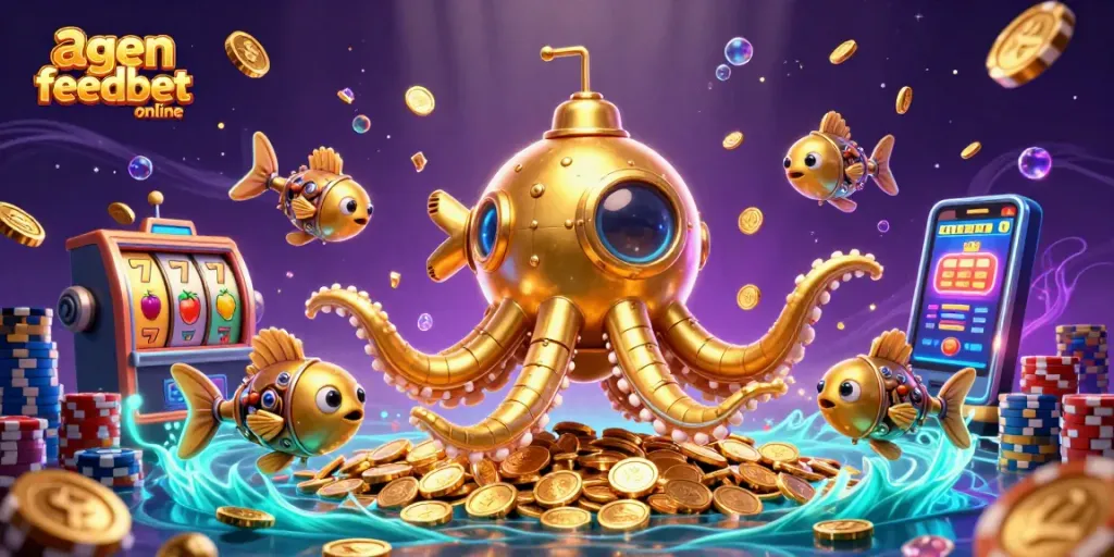 Spin reels and win at agen feedbet online with a golden kraken submarine amid cascading coins and poker chips.