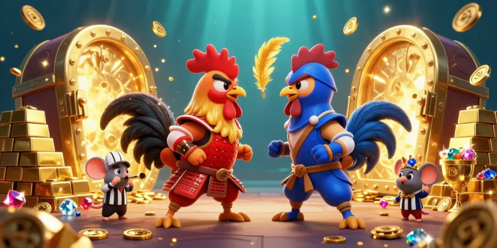 Witness the thrilling showdown of BJ66's fighting roosters amid a cascade of gold and jewels in this vibrant illustration.
