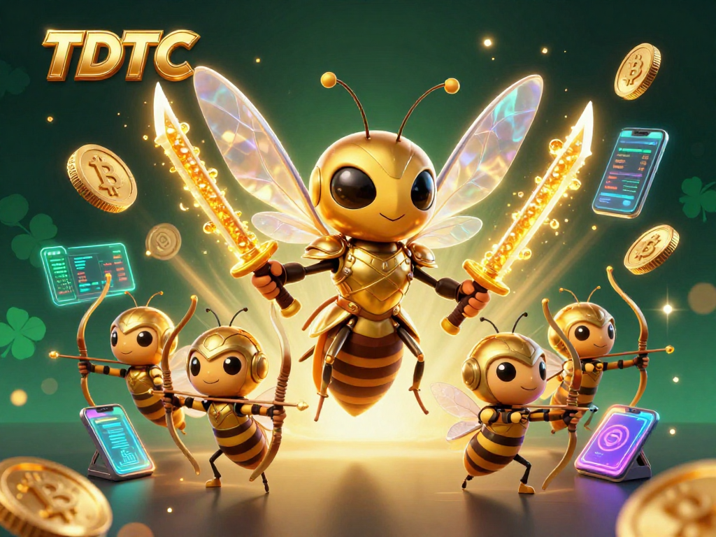 Engage with TDTC's vibrant gaming world, featuring a dynamic hornet warrior and crypto elements for an immersive experience.