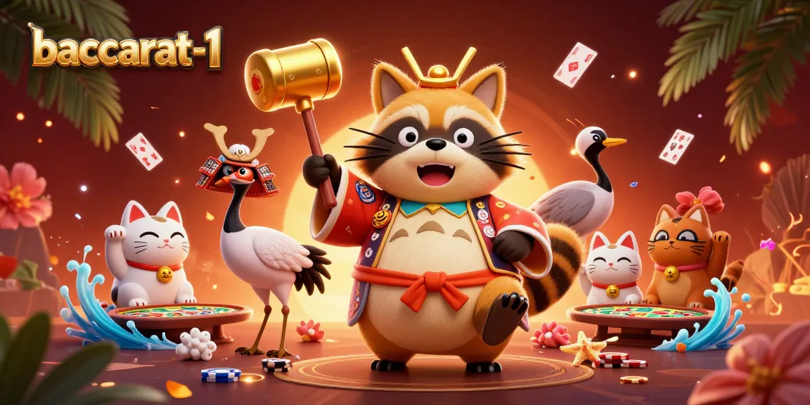 Baccarat-1 captivates with a vibrant 3D illustration showcasing a cheerful tanuki, a crane, and waving maneki-neko at a baccarat game.