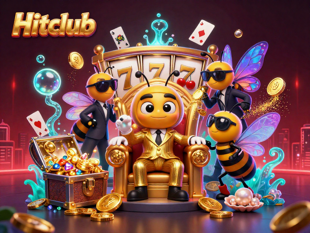 Engage with the Hitclub gaming scene featuring a cartoon bumblebee mob boss amidst slot reels and treasures