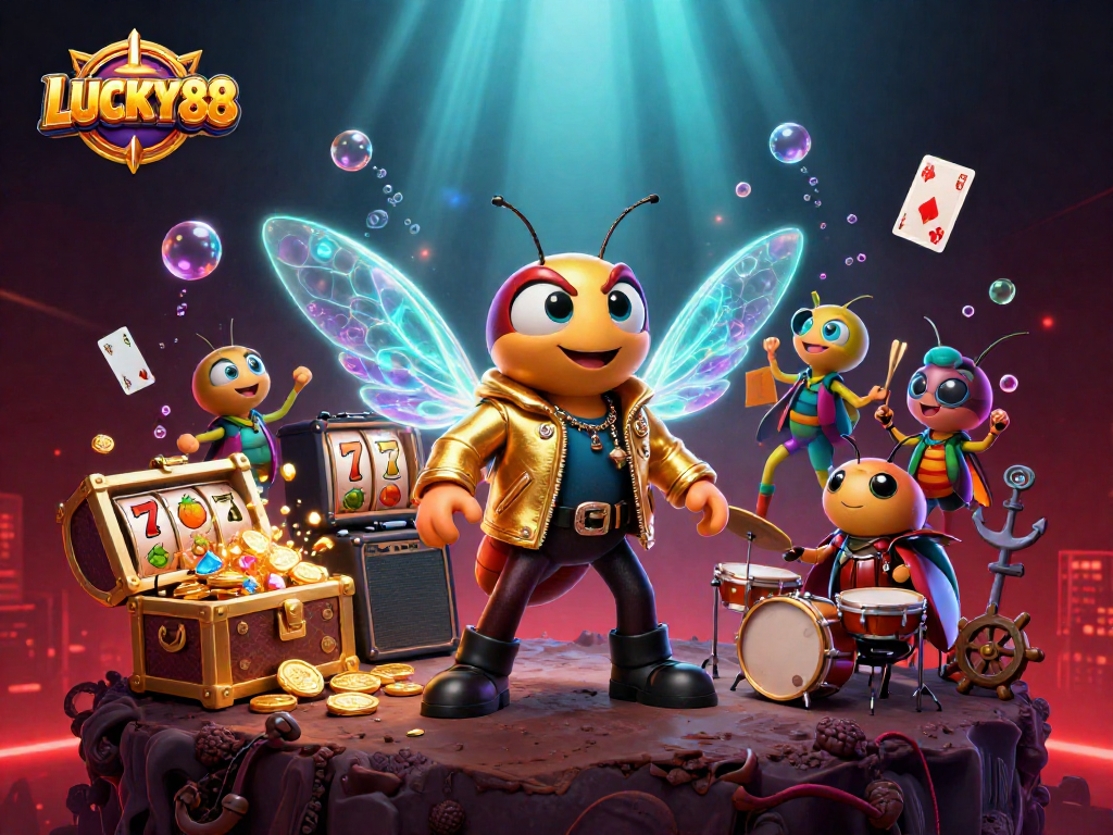 LUCKY88 slot scene with vibrant characters and winning elements, showcasing a casino experience